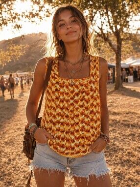 Handmade Crochet Knit Tank Vest Orange Yellow S